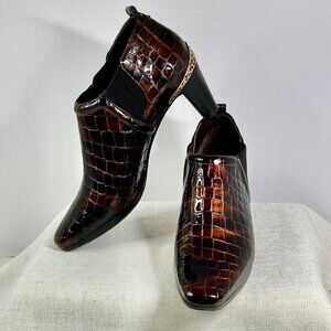 Brighton Croc-Embossed Leather Loafers Glossy Dark Brown Slip-On Made in Italy